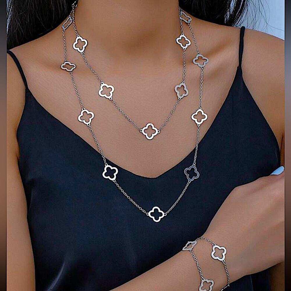 Silver Four Leaf Clover Necklace Bracelet Set Luxury Two Piece Set